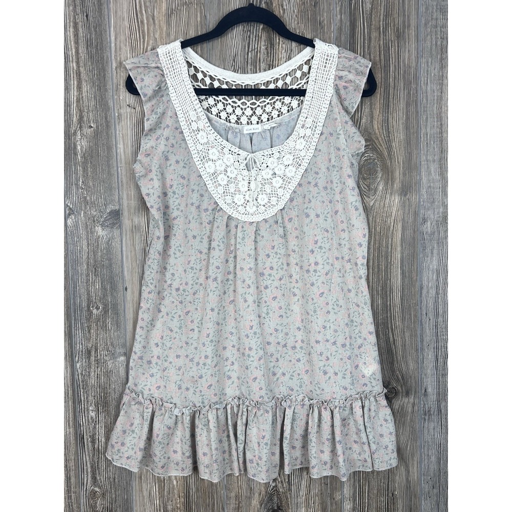 Blue Bird‎ Blouse LARGE Crochet Trim Ruffle Hem Flutter Sleeve CottageCore Boho